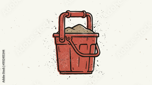 Red bucket filled with sand, retro illustration