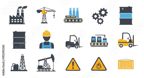 Industrial icons set factory equipment and machinery symbols.