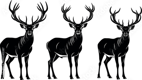 Majestic black deer stag silhouettes with large antlers isolated on white background wildlife animal vector illustration for nature design hunting emblem forest theme