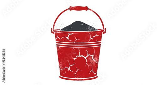 Red cracked bucket filled with dark soil or sand