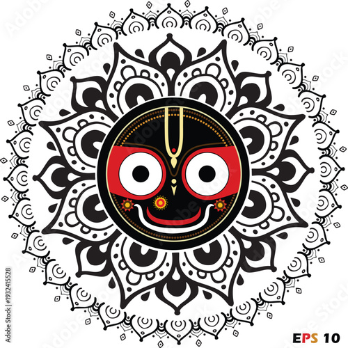 Lord Jagannath Illustration. Vector Traditional Indian Deity Face with Decorative Mandala Pattern and Floral Ornaments