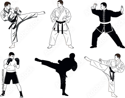 Martial arts fighters collection performing karate kicks, kung fu stances and boxing guard, combat sport training vector illustration set for self defense and fitness