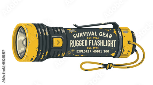 Rugged flashlight, survival gear, explorer model, yellow and black, illustration