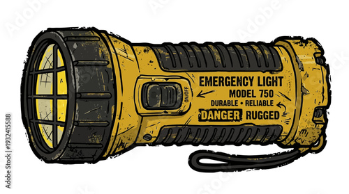 Rugged yellow emergency flashlight with text