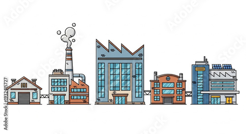 Diverse industrial buildings and factories in a row.