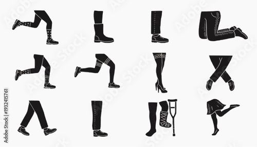 set of female shoes Black Silhouette Human Leg Poses and Activities Icons Set – Running Walking Sitting Vector Collection