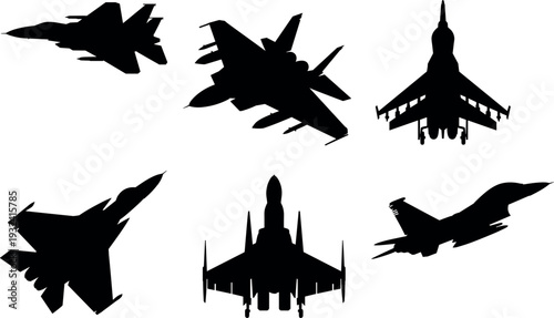 Modern fighter jet silhouette collection with military combat aircraft in multiple flight perspectives, aviation defense airplane vector icon set isolated on white background