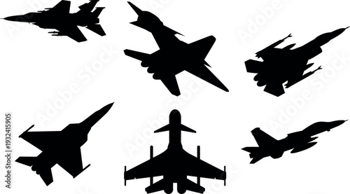 Modern fighter jet silhouette collection with military combat aircraft in multiple flying angles, aviation defense airplane vector icon set isolated on white background