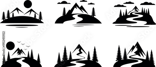 Mountain and forest landscape silhouette icon set with winding river, sun and clouds, nature wilderness scenery vector collection for hiking, camping and travel design