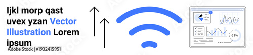 Technology, connectivity, data visualization, network services, wireless communication, business analytics. Signal icon and analytical graphs. Technology and connectivity