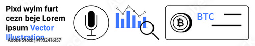 Cryptocurrency, blockchain, data analytics, voice technology, financial tech, digital tools. Microphone, chart with magnifying glass and Bitcoin icon. Cryptocurrency and blockchain technology