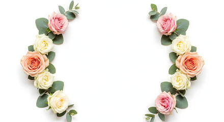 Delicate roses and eucalyptus leaves arranged in a beautiful floral frame on a white background.