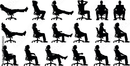 Office worker sitting on ergonomic chair silhouette set, different sitting poses and relaxing positions, workplace posture collection isolated vector illustration for office lifestyle concept