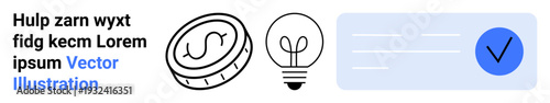 Finance, creativity, verification, decision-making, innovation, problem-solving. Coin symbol, lightbulb illustration and checkmark on a blue background. Finance and creativity concept