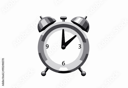 Illustration of a Classic Twin Bell Alarm Clock with Simple Design on a White Background Showing the Time at Three O'clock Marked by Black Hands
