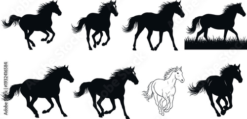 Running horse silhouette collection showing galloping and walking poses, wild stallion vector illustration set isolated for equestrian sport, farm animal design and nature themes