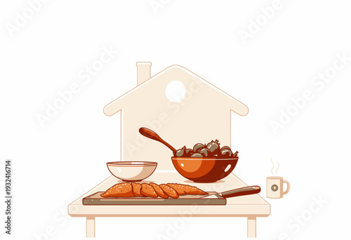 Illustration of a cozy kitchen table scene with freshly baked pastries, a bowl of green apples, and a steaming mug of coffee, inviting a warm, homey atmosphere