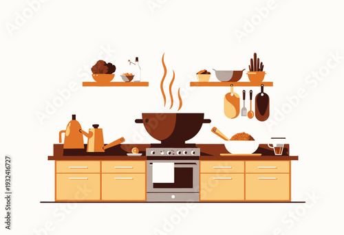 Modern Kitchen Interior with Cooking Utensils, Fresh Ingredients, and a Steaming Pot on a Stovetop, Highlighting a Cozy and Inviting Culinary Space