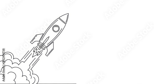 Line Art Rocket Launching with Smoke and Flames, Concept of Startup and Innovation