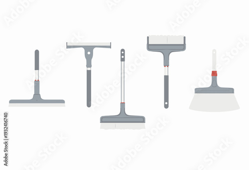 Illustration of Various Cleaning Tools Featuring Mops, Brushes, and Scrapers for Efficient Household or Commercial Maintenance Tasks