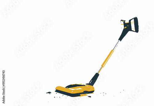 Innovative Yellow Cleaning Device with Enhanced Bristle Technology Sitting Upright on a White Background Next to Scattered Blue Debris for Efficient Home Use
