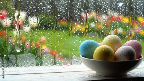 Pastel Eggs On Windowsill Rainy Garden Ceramic Bowl With Speckled Eggs, Raindrops On Glass, Blurred Tulip Beds Beyond, Soft Natural Light, Cozy Spring Atmosphere For Easter And Seasonal Decor