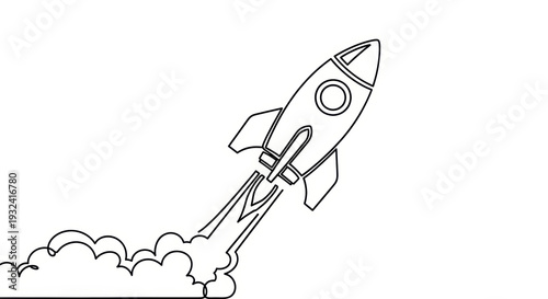 Line Art Rocket Launching with Smoke Trail and Clouds