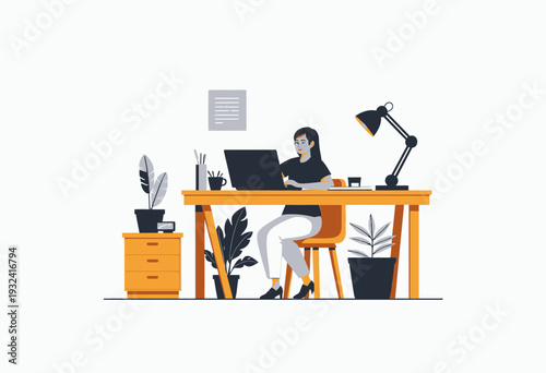Illustration of a focused individual working on a laptop at a desk surrounded by potted plants, highlighting productivity in a home office environment