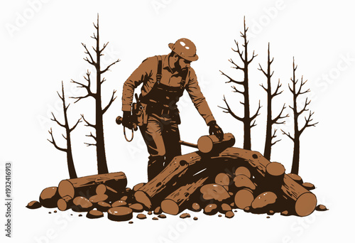 Lumberjack Skillfully Arranges Cut Logs and Branches in Forest Clearing Amid Bare Trees and Rocks with Precision