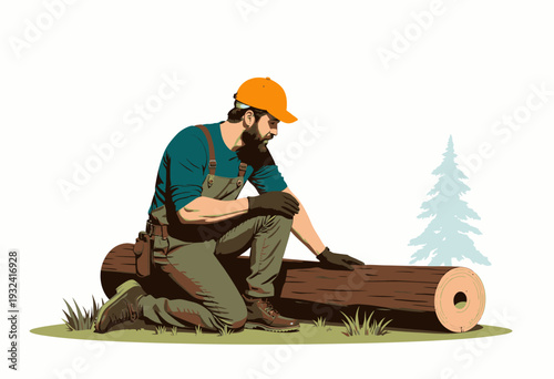 Focused Lumberjack Examining a Wooden Log Kneeling on Grass Beside a Small Evergreen Tree in Outdoor Setting