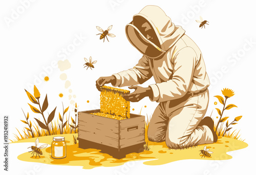 Beekeeper Carefully Harvesting Golden Honeycombs from a Wooden Beehive Surrounded by Flowers and Bees Under a Clear Blue Sky
