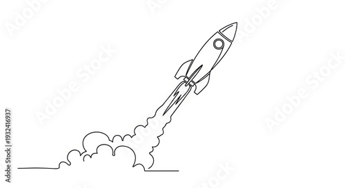Minimalist line art of a rocket launching with smoke trails, symbolizing startup and innovation.