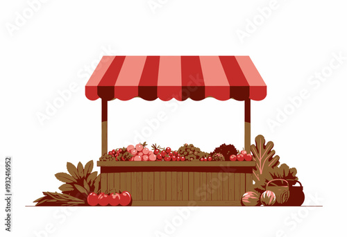 Colorful Farmer's Market Stand Displaying Fresh Vegetables and Fruits Under Red and White Striped Canopy