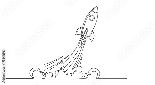 Minimalist Line Art Rocket Launching into Space with Smoke and Flames