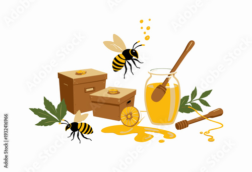 Illustration of Honeybees Around Beehives with Honey Jar and Nectar Dripping on White Background