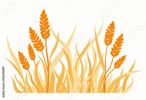 Illustration of Vibrant Golden Wheat Stalks Swaying Amidst Tall Grass Against a Clear Background Highlighting Harvest Season Beauty and Agricultural Bounty