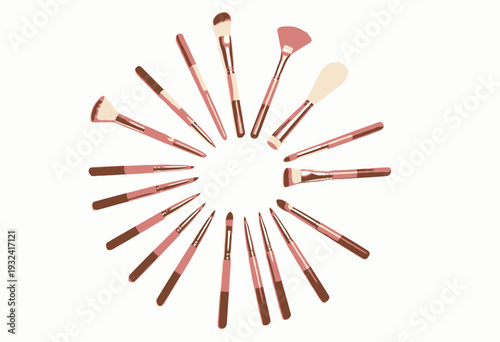 Diverse Set of Professional Makeup Brushes Arranged in a Circular Pattern on a Clean White Background Perfect for Beauty Enthusiasts and Makeup Artists