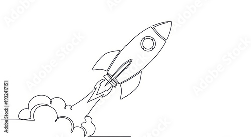 Minimalist Line Art Rocket Launching into Space with Smoke Clouds