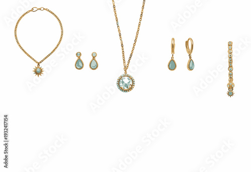 Elegant Gold Jewelry Collection Featuring Turquoise Accents and Pearl Inlays with Dazzling Necklace, Bracelets, and Earrings Set