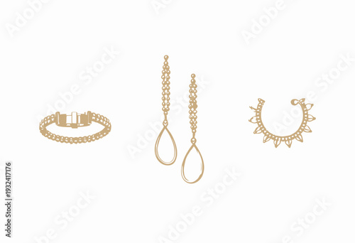 Elegant Collection of Gold Jewelry Featuring Bracelets and Earrings with Intricate Designs and Gemstone Accents for Fashionable and Sophisticated Style