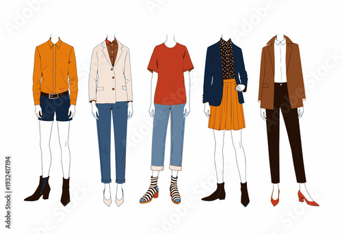 Illustrated Fashion Ensemble Showcasing Casual and Formal Outfits with Colors and Patterns for Diverse Style Inspiration