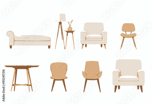 Collection of Minimalist Mid-Century Modern Furniture Featuring Chairs, Tables, and Lamps in Neutral Tones for Contemporary Living Spaces