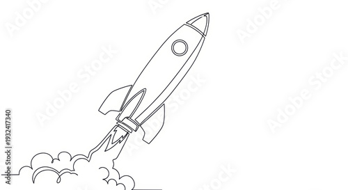 Minimalist Line Art Rocket Launching into Space with Smoke Trail