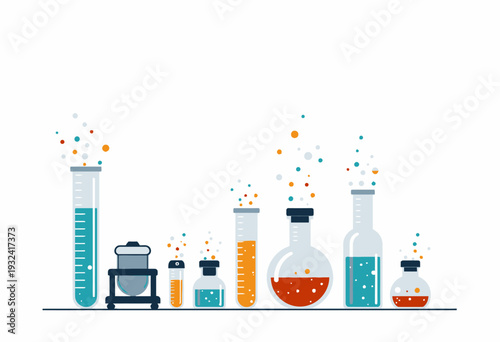 Colorful Chemistry Lab Experiment Illustration Featuring Various Glassware and Bubbling Reactions in a Simplified Graphic Design Style