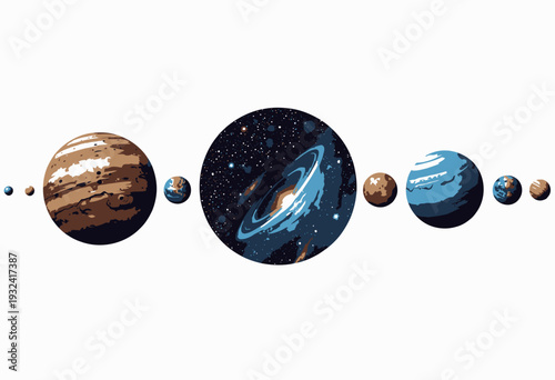 A Beautiful Alignment of Solar System Planets in Order from the Sun Highlighting Diverse Sizes, Colors, and Unique Features in Stunning Detail