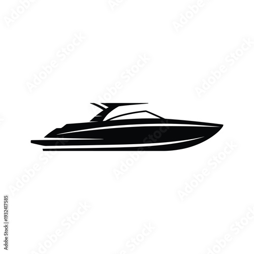 Sleek black silhouette of a modern speedboat on white background