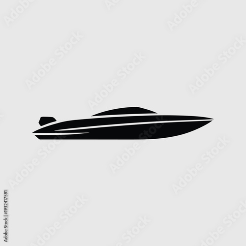 Silhouette of a sleek speedboat against a neutral gray background