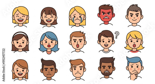 Diverse collection of illustrated human faces depicting various emotional expressions and feelings.