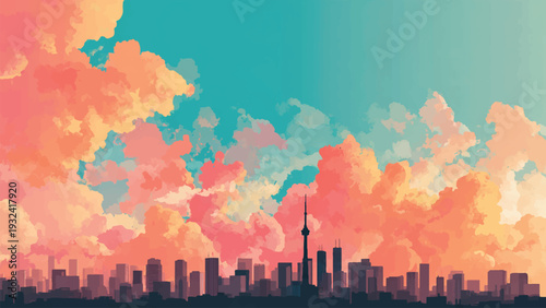 graphic vector city skyline at sunset pink pastel background, wall art