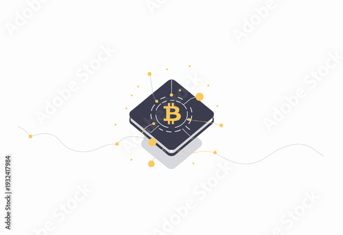 Illustration of Blockchain Technology with a Central Bitcoin Symbol and Abstract Network Connections on a Minimalist White Background